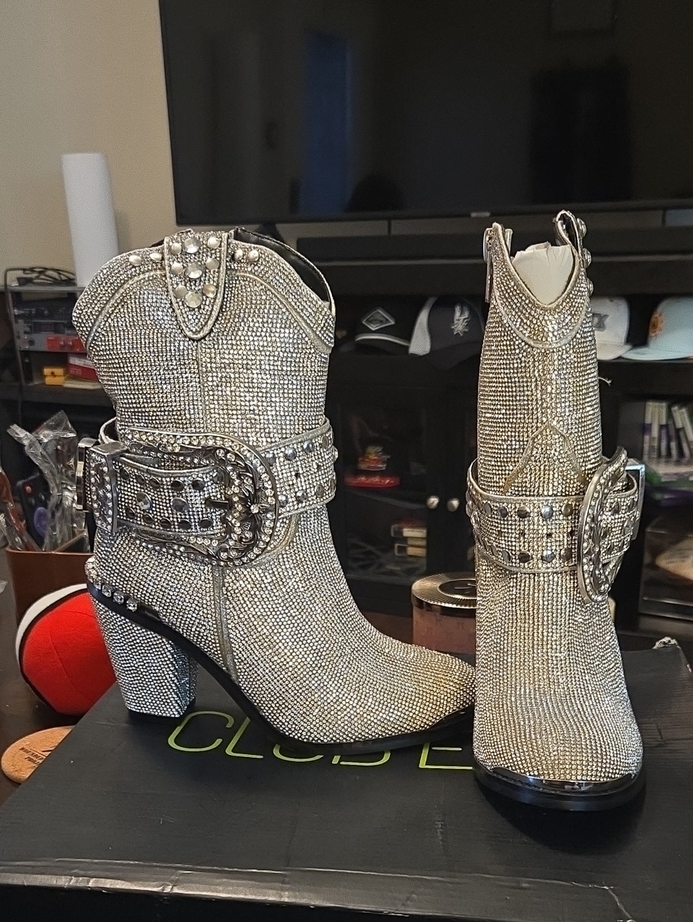 Embellished Silver Crystal Western Ankle Boots with Buckle